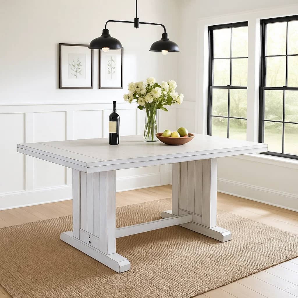 Sime Dining Table, 60 Inch Rectangular Plank Top, Off White Wood