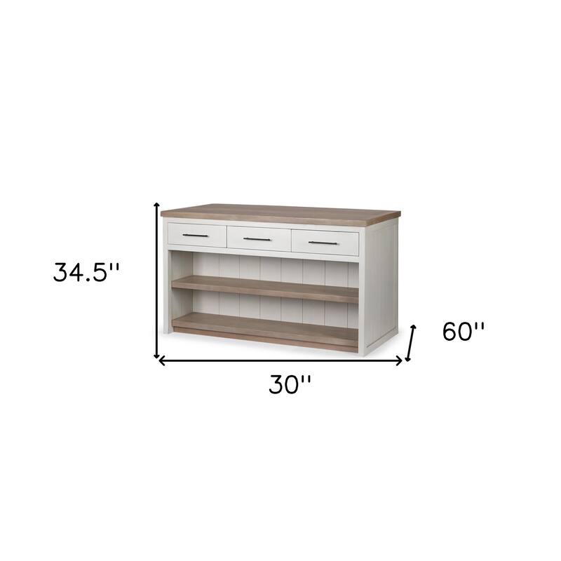 HomeRoots White And Brown Two Tone Wooden Kitchen Island With 3 Drawers - 30' X '34.5' X '60