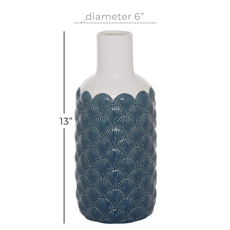 Ceramic Vase with Shell Designs - Blue - Roche River Decor - 6"W x 6"L x 13"H