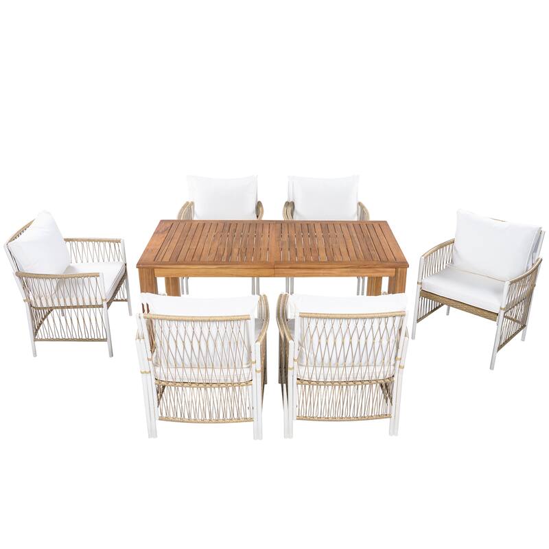 Roomfitters 7-Piece Patio Dining Set, Rectangular Outdoor Table with 6 White Rope Weave Armchairs & Cushions, Natural
