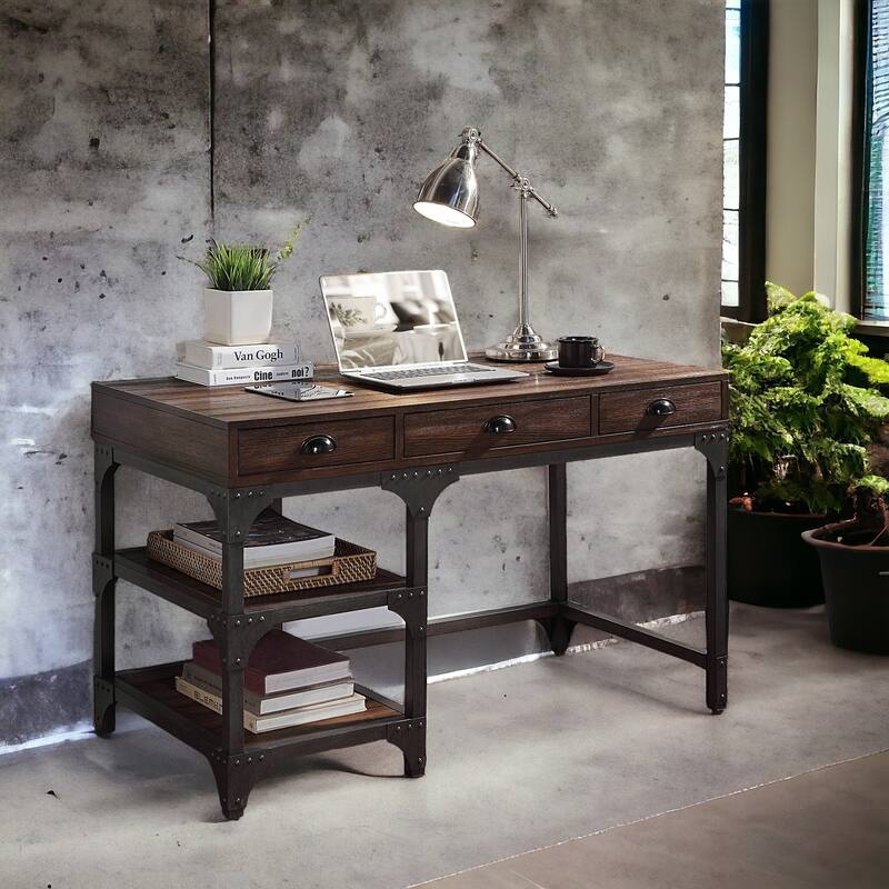 Modern 3-Drawer Writing Desk with Iron Base and Open Storage Compartments for Office or Study Room Organization