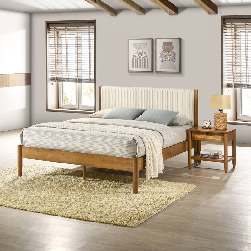 Vichy 5-Piece Rubberwood Bedroom Set with Corduroy Upholstered Queen Bed, Dresser, Mirror, Nightstand, and Chest - Walnut