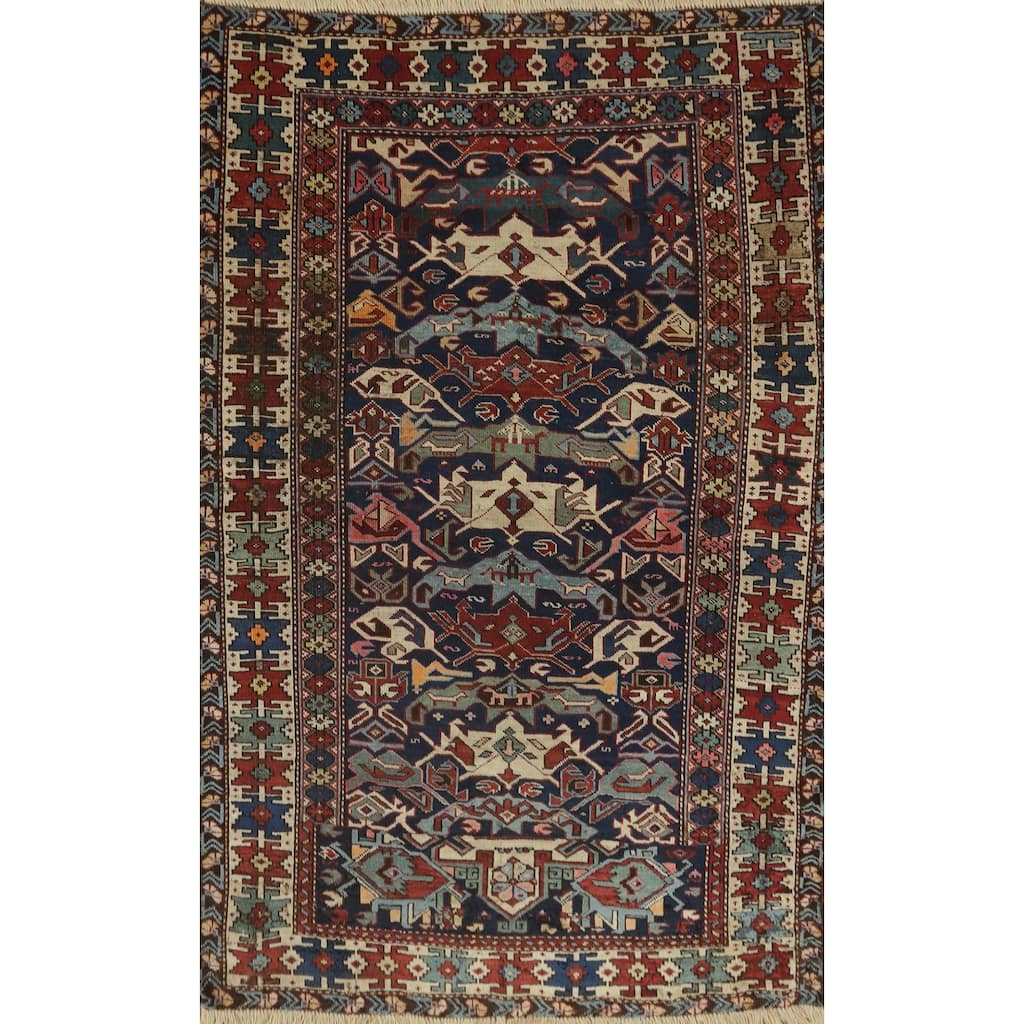Hand Knotted Oriental 100% Wool Carpet Traditional Geometric Navy Blue & Blues Kazak Area Rug - 5' 2'' X 3' 10''