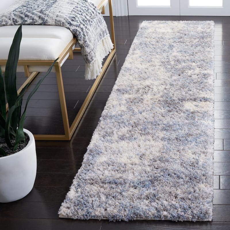 SAFAVIEH Berber Shag Yasumi Abstract 1.25-inch Thick Rug - 2' x 8' Runner - Ivory/Blue