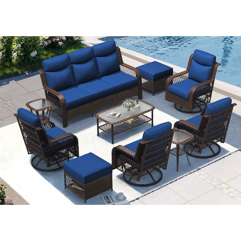 High Back Outdoor Swivel Rocker Patio Chairs Set of 2 with 5-Inch Thick Cushions and Side Table for Porch, Poolside - 10PCS - Swivel Gliders & 3-Seat Sofa