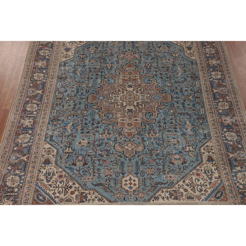 Light Blue Distressed Tabriz Persian Vintage Rug Handmade Wool Carpet - 9'7" x 12'3"