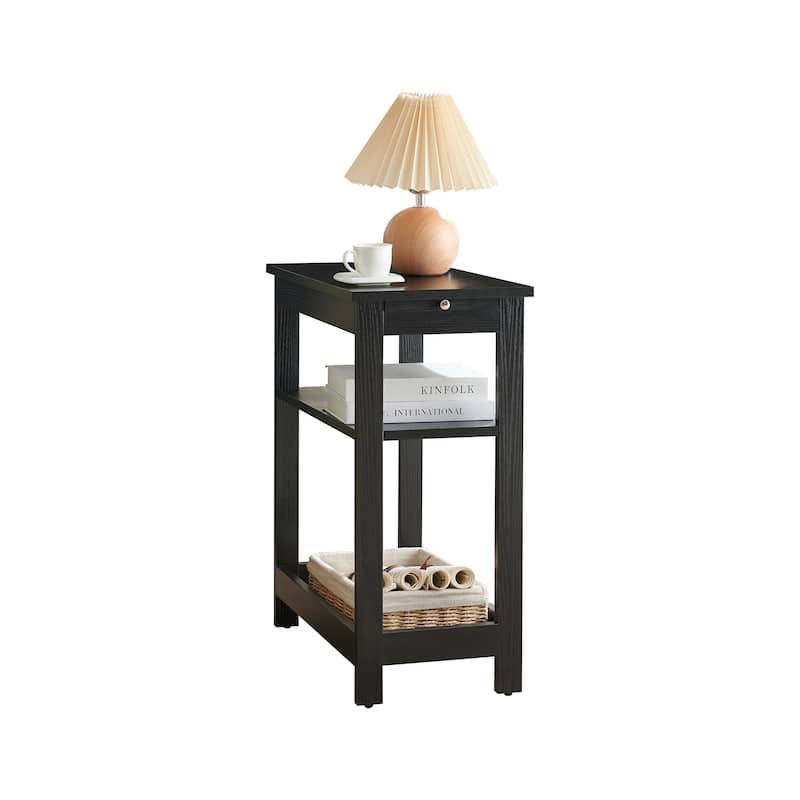 Slim Wood Side End Table with Storage Shelves & Pull-Out Tray, Nightstand for Bedroom, Living Room - 20"L x 11"W x 24"H