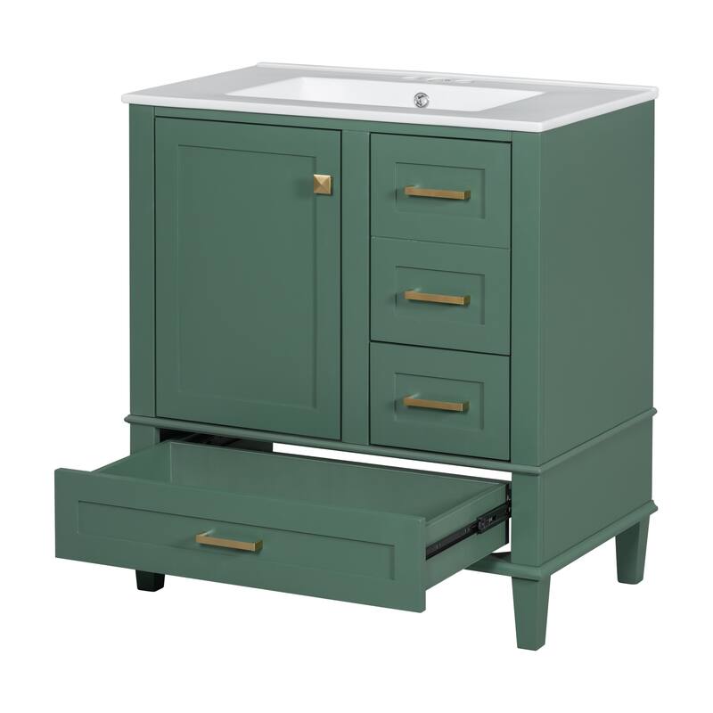 Bathroom Vanity with Ceramic Undermount Sink, Solid Wood Frame, Soft-Close Drawers & Doors, and Gold Handles
