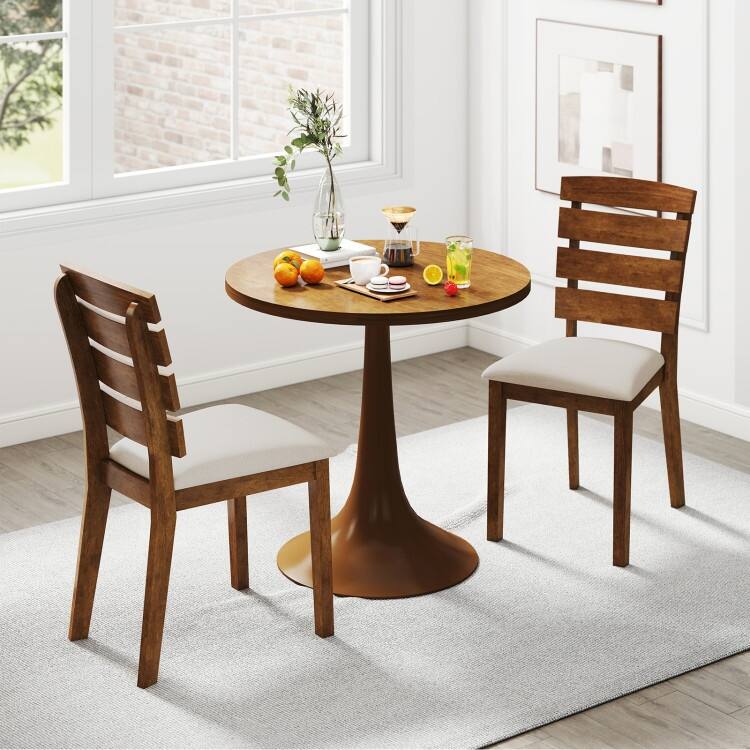 Natural and Beige Rubber Wood Dining Chair Set of 2 with Slatted Backrest, Sponge Cushion - 22.5” x 17.5” x 35.5”