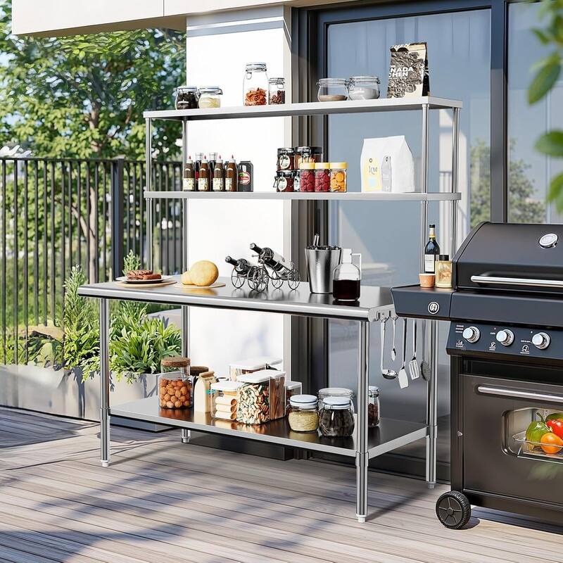 60 X 30 In. Stainless Steel Table With Overshelves And Detachable Hooks - N/A
