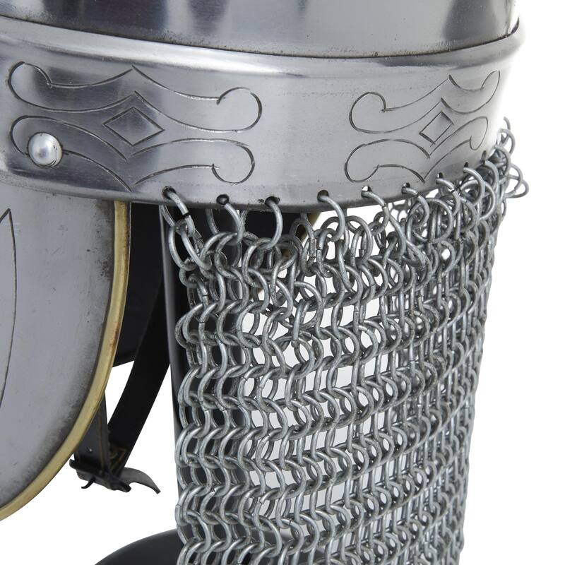 Metal Replica Medieval Knight Crusader Helmet with Black Wood Stand and Chainmail - Silver - Roche River Decor