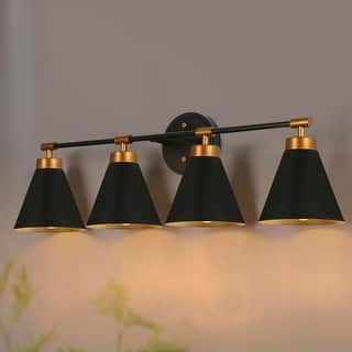 Farmhouse Industrial 4-light Bathroom Vanity Lights Black Gold Dimmable Wall Sconces with Metal Cone Shade