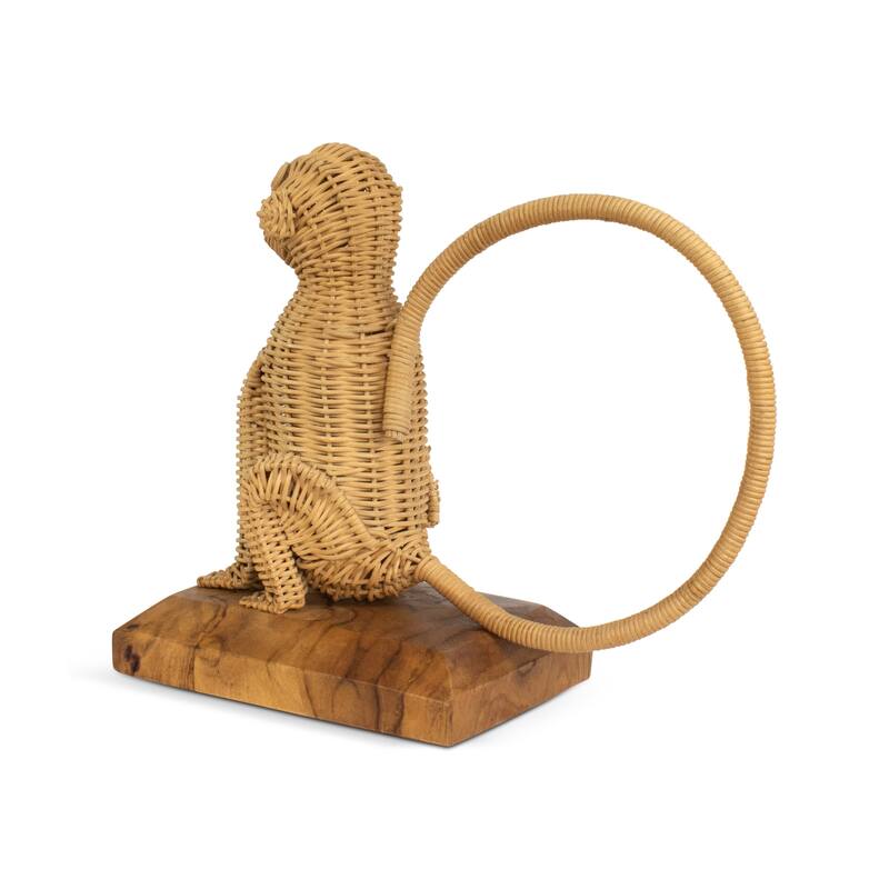 Rattan Monkey Sculpture - Hand Woven Animal Figurine on Wood Stand, Tropical Boho Decor - 10.5" wide x 10" tall x 5" deep