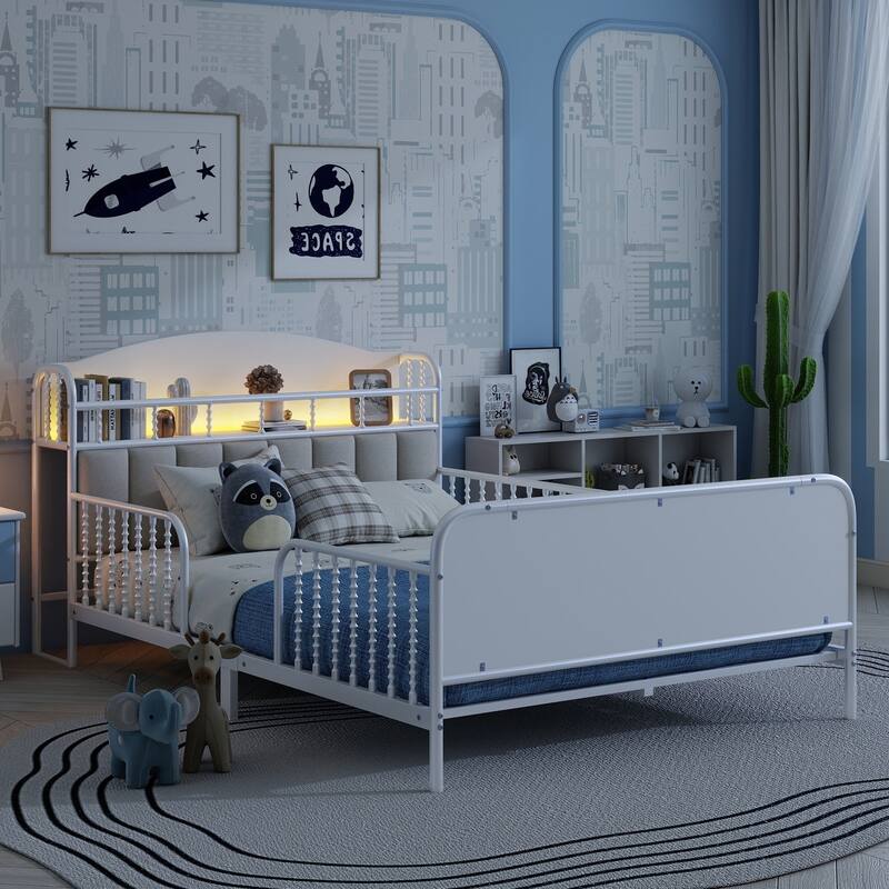 Kids Platform Bed Metal Frame with Linen Fabric Upholstered Storage Headboard Built-in Light Strip, Both Sides Rails - White - Full