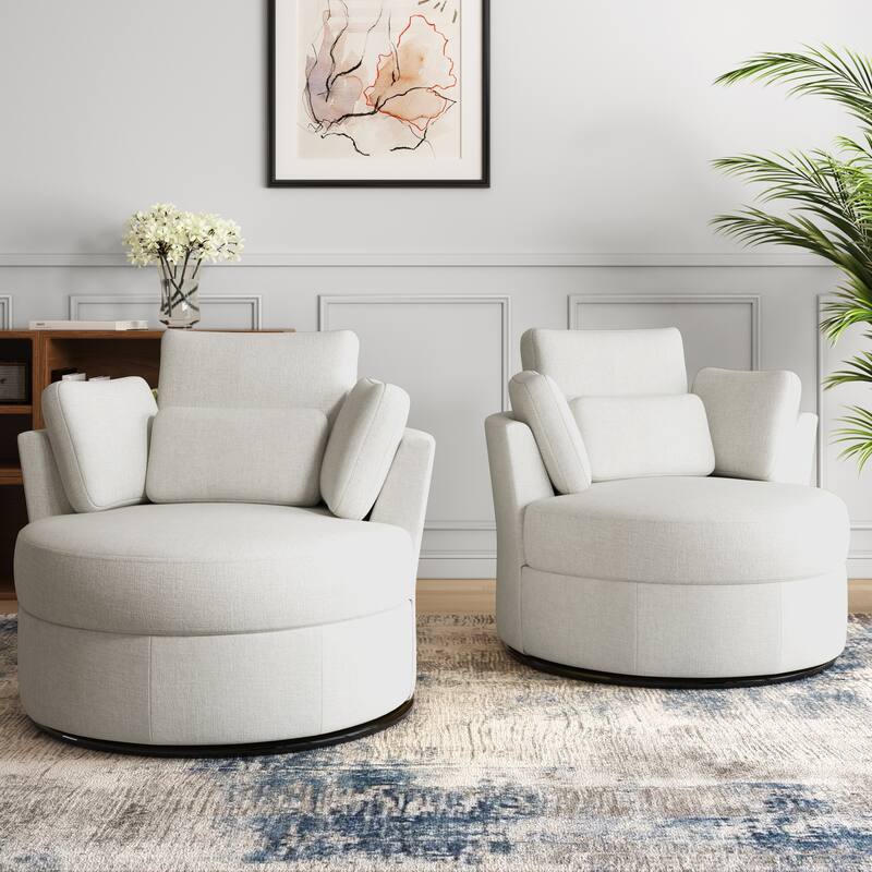 Upholstered Barrel Swivel Accent Chairs - Set of 2 - Beige Chenille