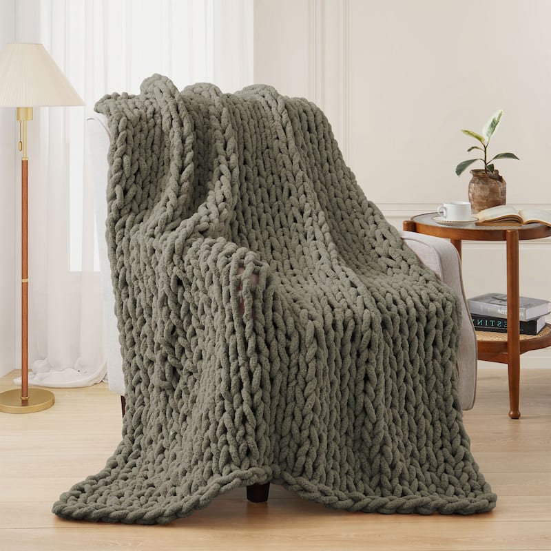 Handmade Chunky Knit Chenille Yarn Throw Blanket 50"x60" - Sage Green
