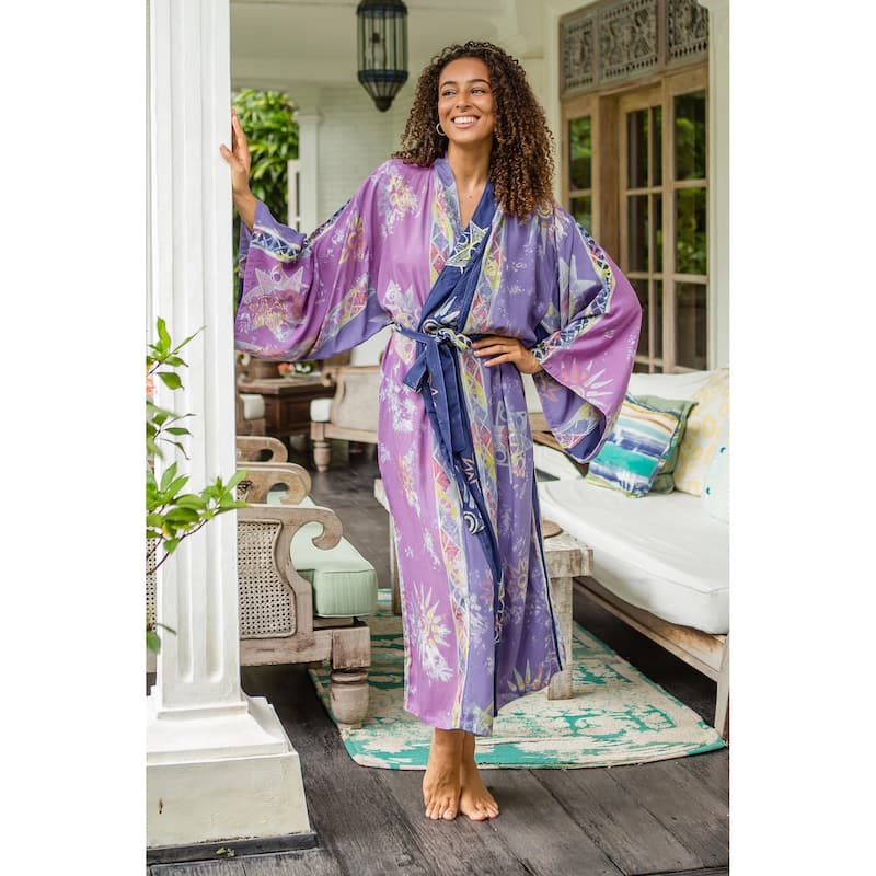 Novica Handmade Lilac Star Hand-Stamped Batik Rayon Robe