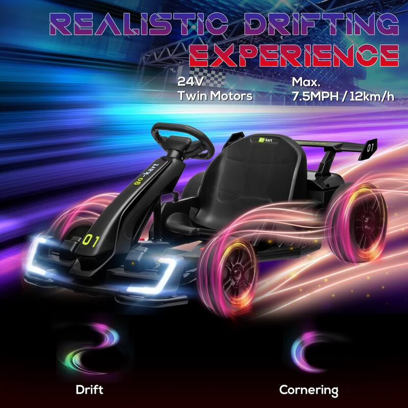 Go Kart Electric Drift Kart Car with Adjustable Seat, 24V Outdoor Ride on Toy, Crazy Cart for Kids, 7.5 MPH, LED Lights