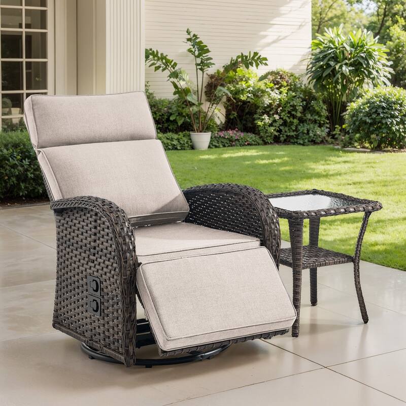 Meyreso 3-Piece Wicker Swivel Reclining Chaise Lounge with Adjustable Backrest & Footrest - Beige-1 Chairs+Table