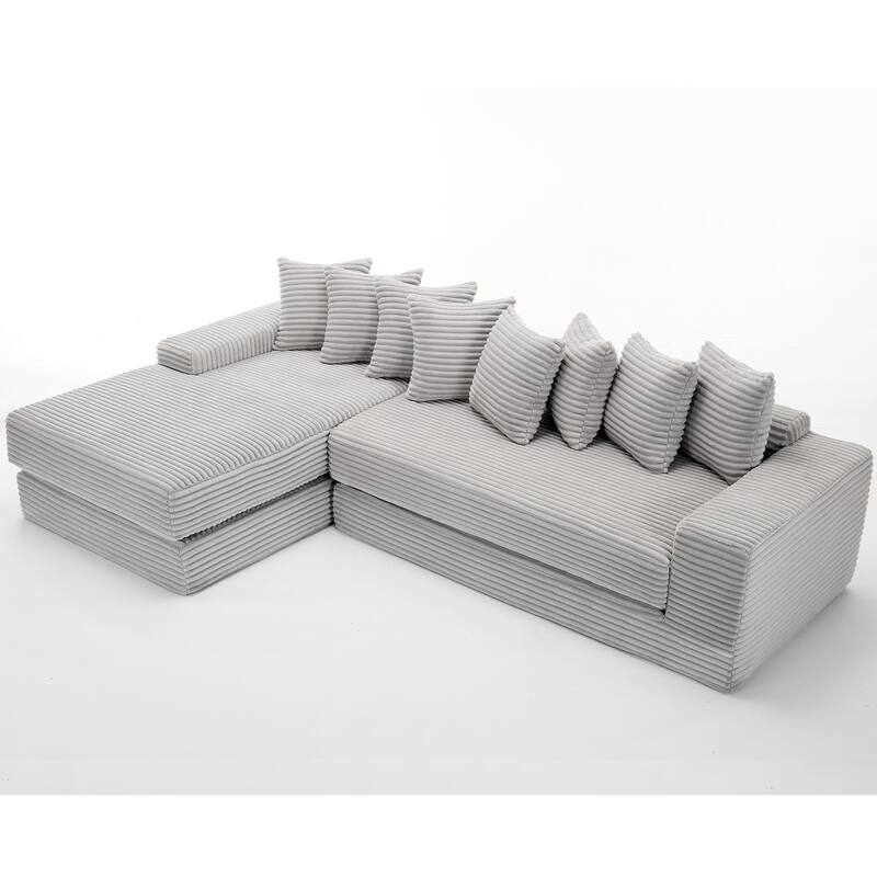 Floor Sleeper Sofa Bed Convertible L-shaped Modular Sectional Couch with Chaise, Corduroy Compression Sofa with Side Pockets