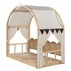 preview thumbnail 12 of 56, Wood Twin Size Bed Frame with Arched Roof, Floor Bed with Light and Curtain, Pull-out Kids Bed for Girls Boys Bedroom