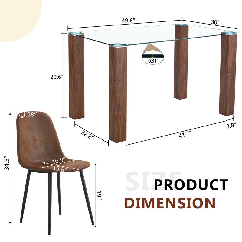 5-Piece Glass Dining Table Set for 4, Modern 49.6" Rectangular Kitchen Table Set with 4 Fabric Brown Chairs for Dining Room
