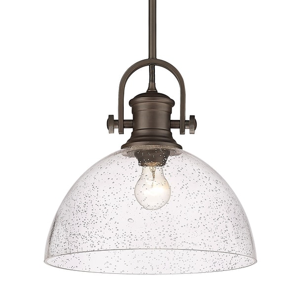 slide 2 of 7, Yep by Golden Lighting Hines 1-light 14in Pendant in Rubbed Bronze and Opal Glass Rubbed Bronze/Seeded Glass