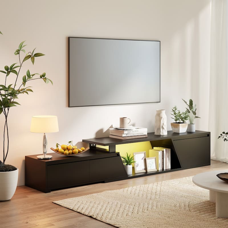 Modern Extendable Rotating TV Stand with LED Lighting - Black