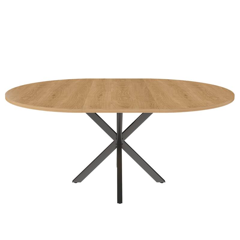Extendable Round Dining Table for 2-6: 43" to 58" Oak Finish Expandable Table with Carbon Steel Space-Saving Base