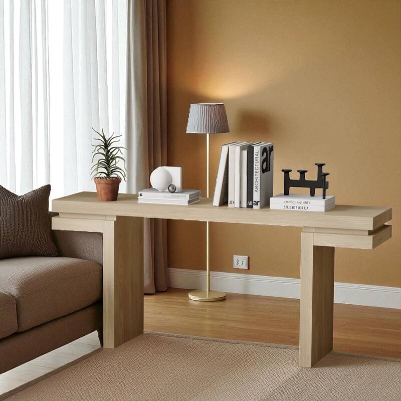 66" Extra Wide Console Table with Real Wood Veneer, Minimalist Entryway and Hallway Accent Sofa Table - Oak