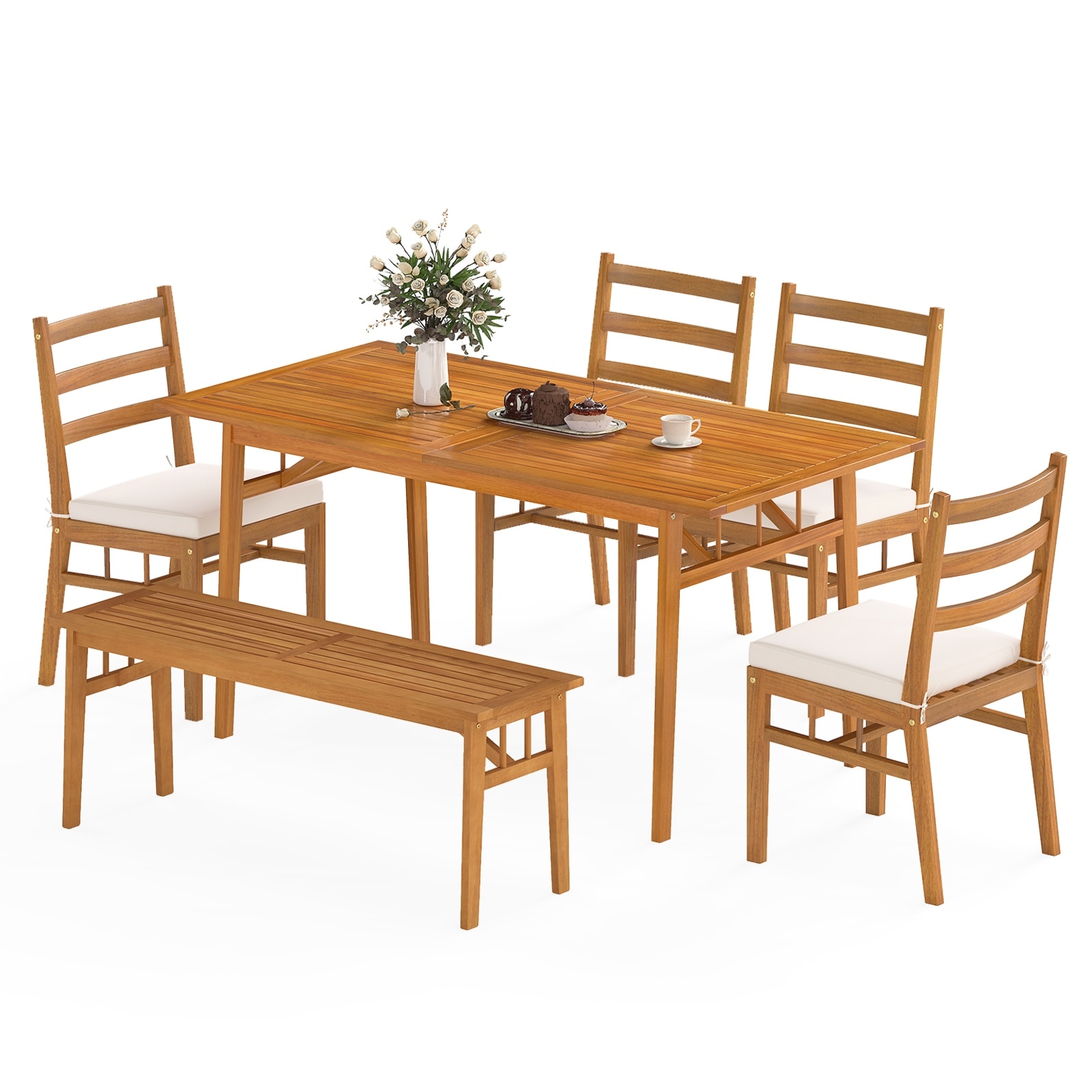 Gymax 6PCS Patio Acacia Wood Dining Set w/Bench 1.97'' Umbrella Hole