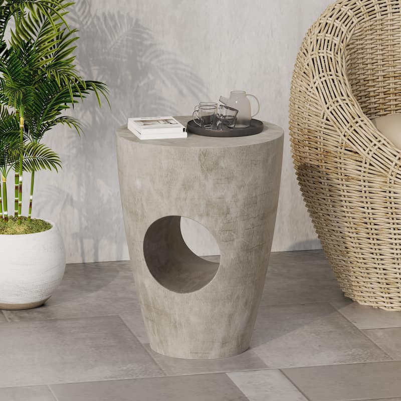 Roomfitters Sirius Concrete Side Table, Modern Round Outdoor Accent Table with Cutout Design, Grey - Gray - Gray