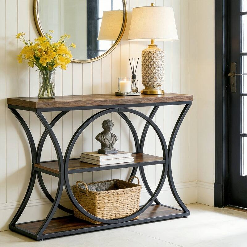 3-Tier Industrial Console Table with Storage, 41.33"W - Brown