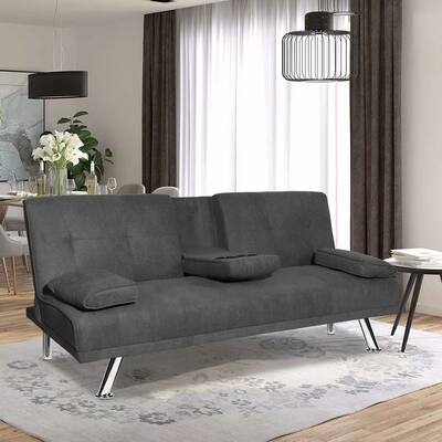 Mieres Multi-function Flannel Convertible Sofa with Armrest, Dark Gray