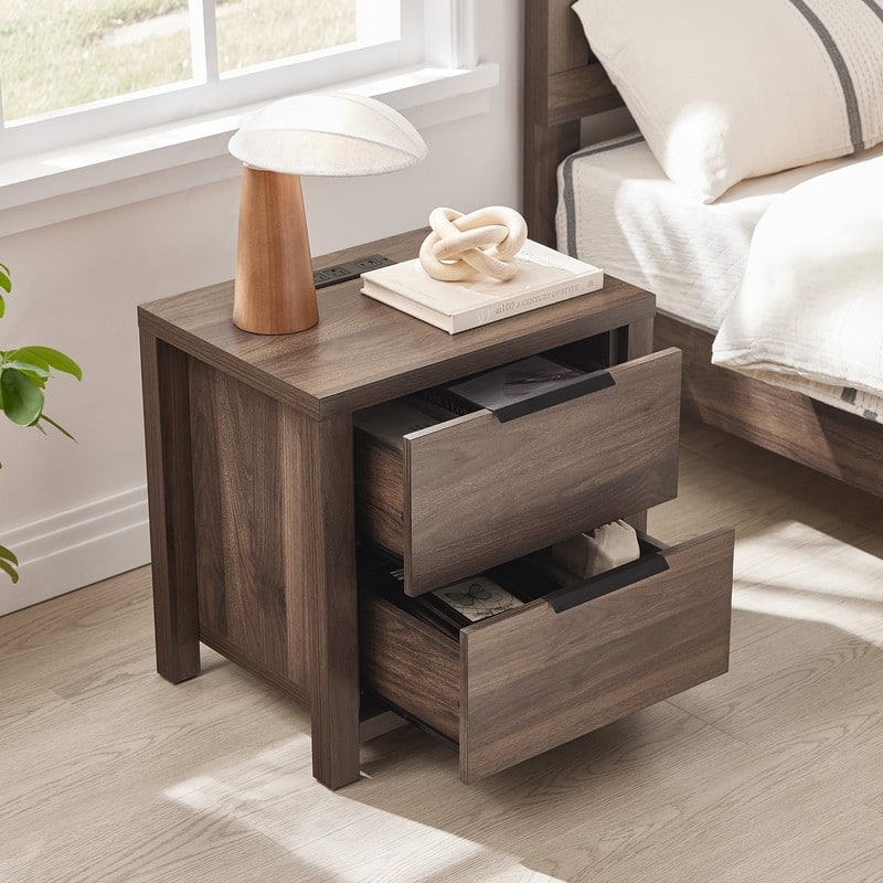 Spruce & Spring Scout Farmhouse Solid Wood Nightstand with 2 Drawers and Type-C, USB & 2 Power Outlets