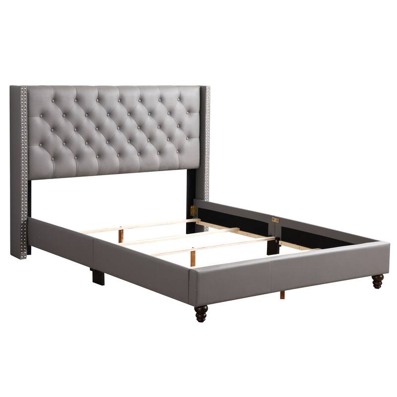 Upholstered Bed Frame 66x86 Inch - Grey Tufted Headboard Bed with Soft Fabric - Modern Bedroom Bed