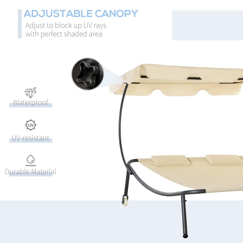 Outsunny Patio Double Chaise Lounge Chair, Outdoor Wheeled Hammock Daybed with Adjustable Canopy and Pillow