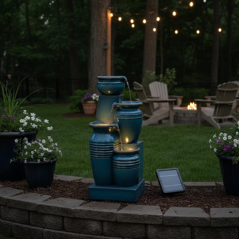 Teamson Home 28.74" 4-Tier Outdoor Fountain with LED Lights, Solar Powered, Weather-Resistant Faux Stone for Garden & Patio