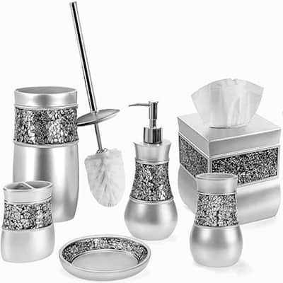 Creative Scents Mosaic Glass Silver Bathroom Accessories Set of 6 - Grey