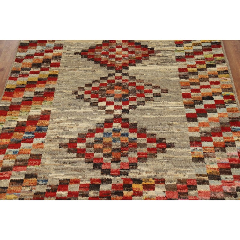 Checkered Moroccan Oriental Area Rug Hand-Knotted Wool Carpet - 5'11" x 7'8"