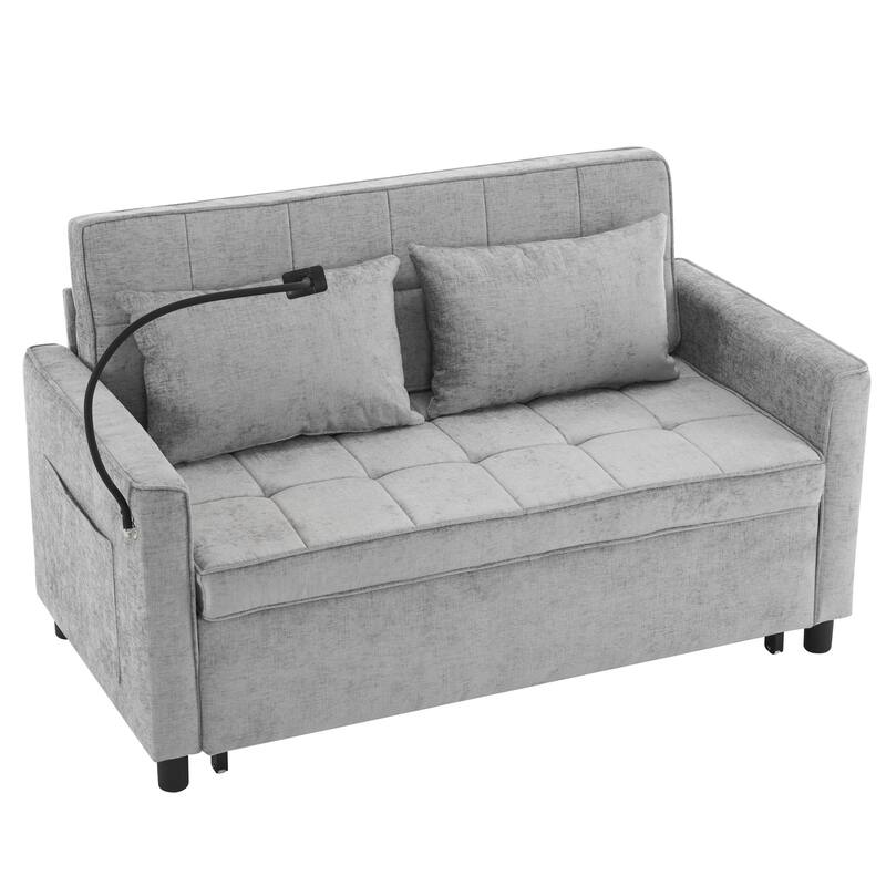Roomfitters Loveseat Pull-Out Sofa Bed with Reversible Backrest Cushion, Side Pockets, USB Ports, and Phone Holder