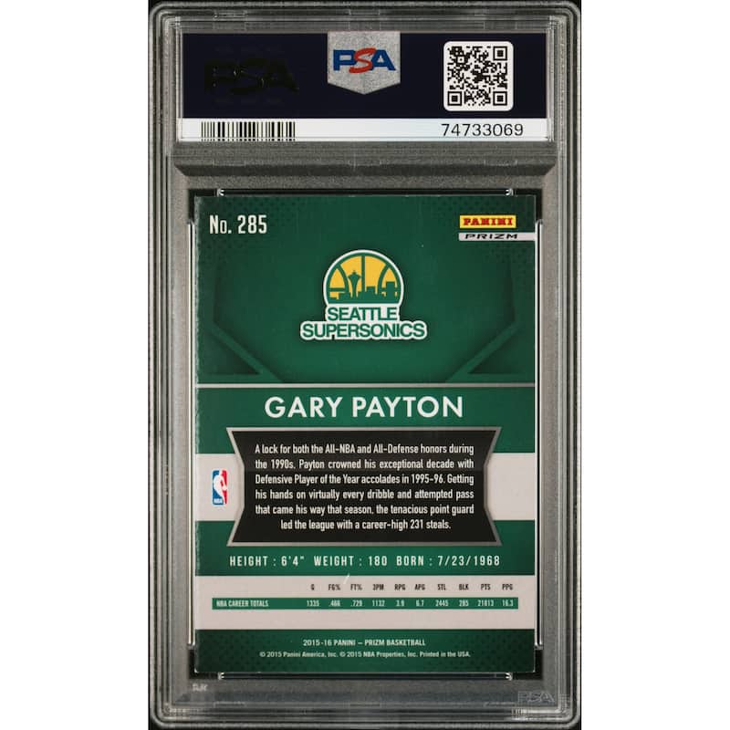 Gary Payton 2015 Panini Silver Prizm Signed Card #285 Auto Graded PSA 9 - 8'6" x 11'6"