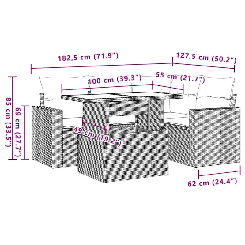 vidaXL Patio Sofa Set with Cushions Outdoor Furniture 5 Piece Poly Rattan - 21.7 x 39.4 x 28.7 in