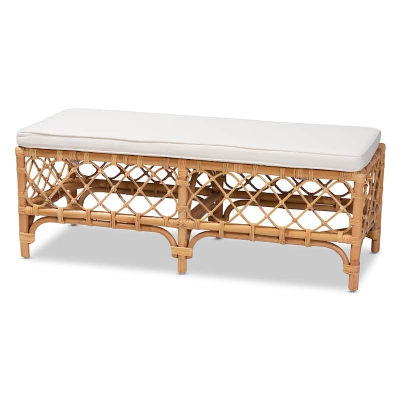 Orchard Bohemian Styled Upholstered Rattan Bench-White/Natural - White, Natural Brown