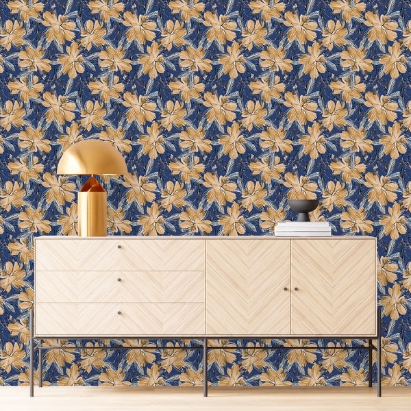 Dark Blue Wallpaper with Beige Flowers Peel and Stick and Prepasted ...