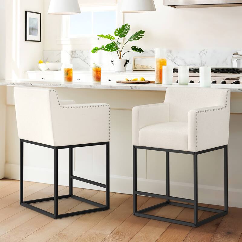 LUE BONA Modern Counter Height Bar Stools Fabric Upholstered Counter Stool - 26"H - Set of 2 - Beige/Black