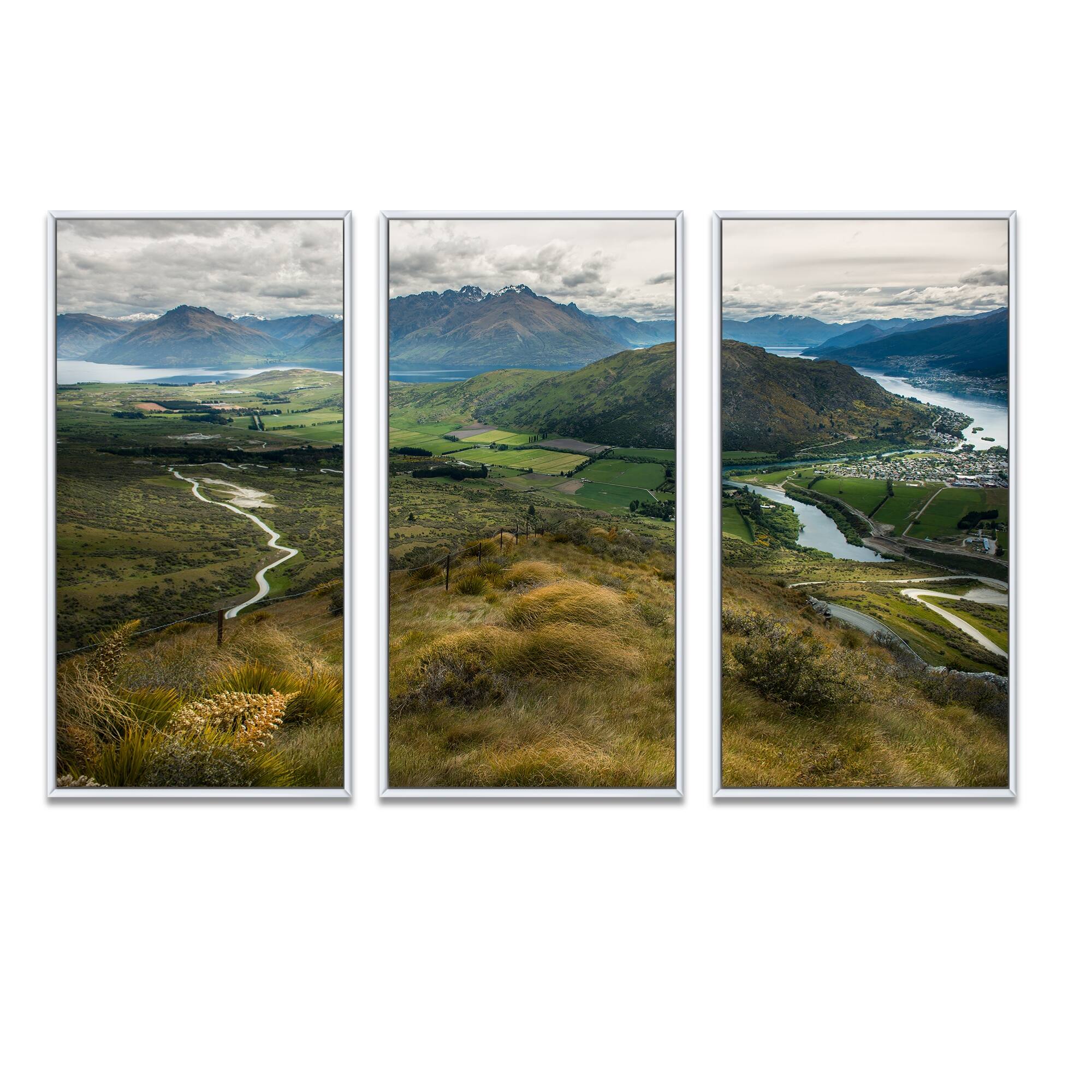 Designart "Fields and Hills in New Zealand" Landscape Framed Art Prints Set of 3 4 Colors of