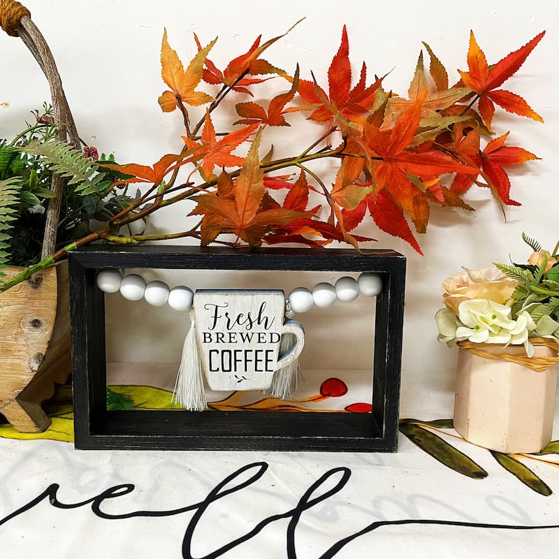 Fresh Brewed Coffee Wood Tabletop Sign with Wood Beads and Tessel Details