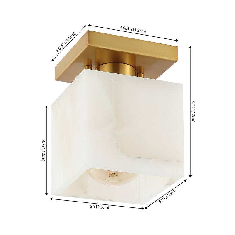 Chiara 5" 1-Light Modern Contemporary Alabaster/Iron Cube LED Semi Flush Mount, White Marbling/Brass Gold by JONATHAN Y