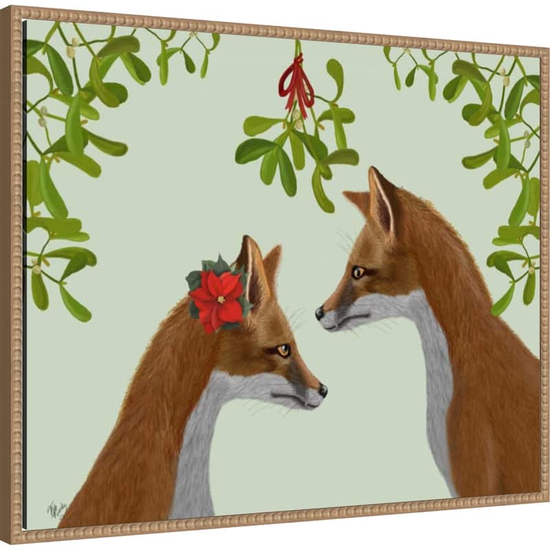 Foxes and Mistletoe by Fab Funky (28 x 23 in.), Framed Canvas Wall Art Print - Sylvie Beaded Rustic Natural